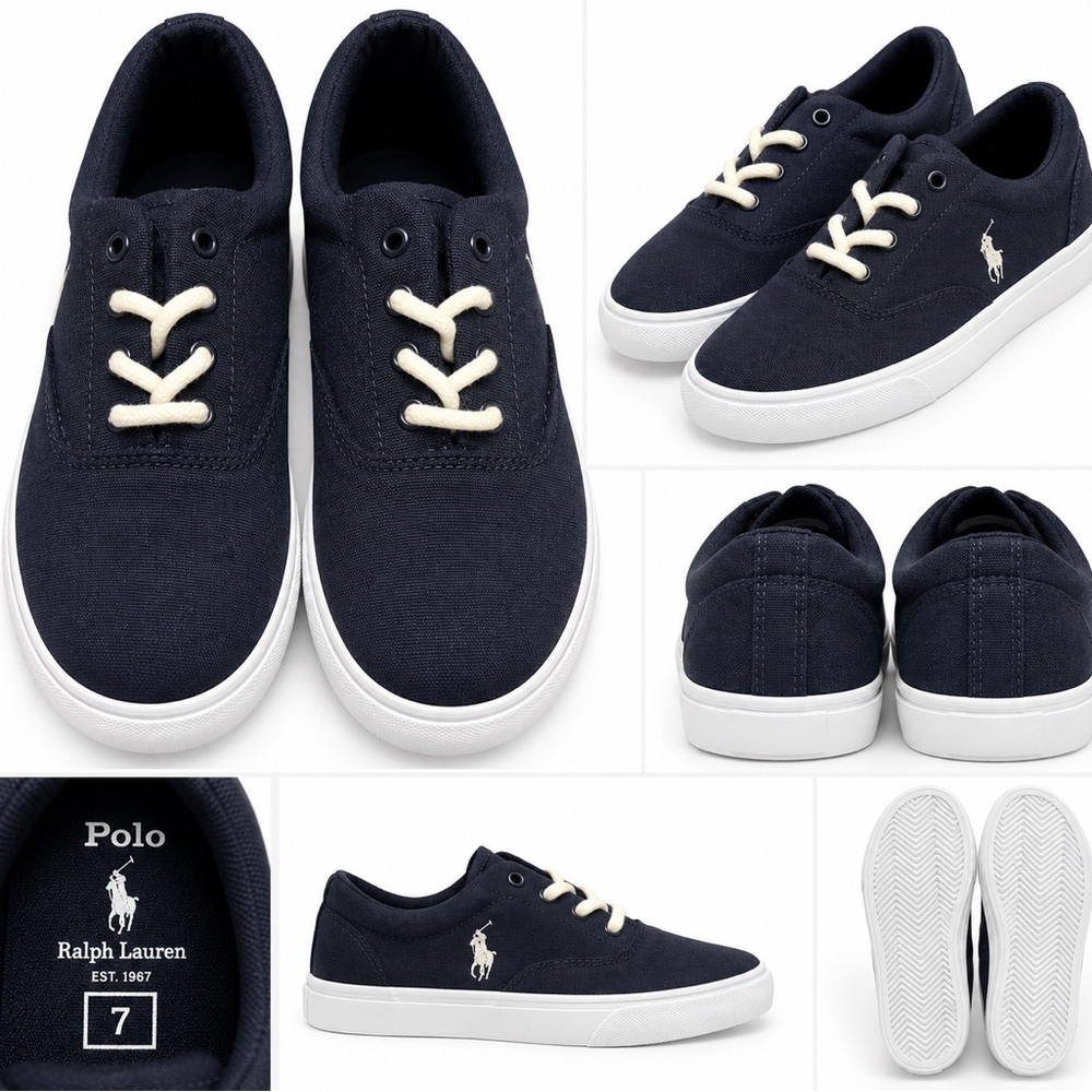 Polo by Ralph Lauren Navy Canvas Kids Sneakers with White Sole